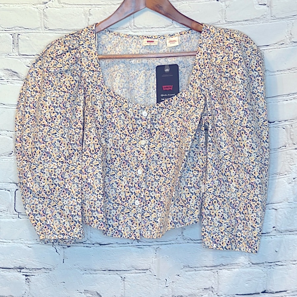 Levi’s Beige Blue Floral Puff Sleeve Button Down Top Size X-Small